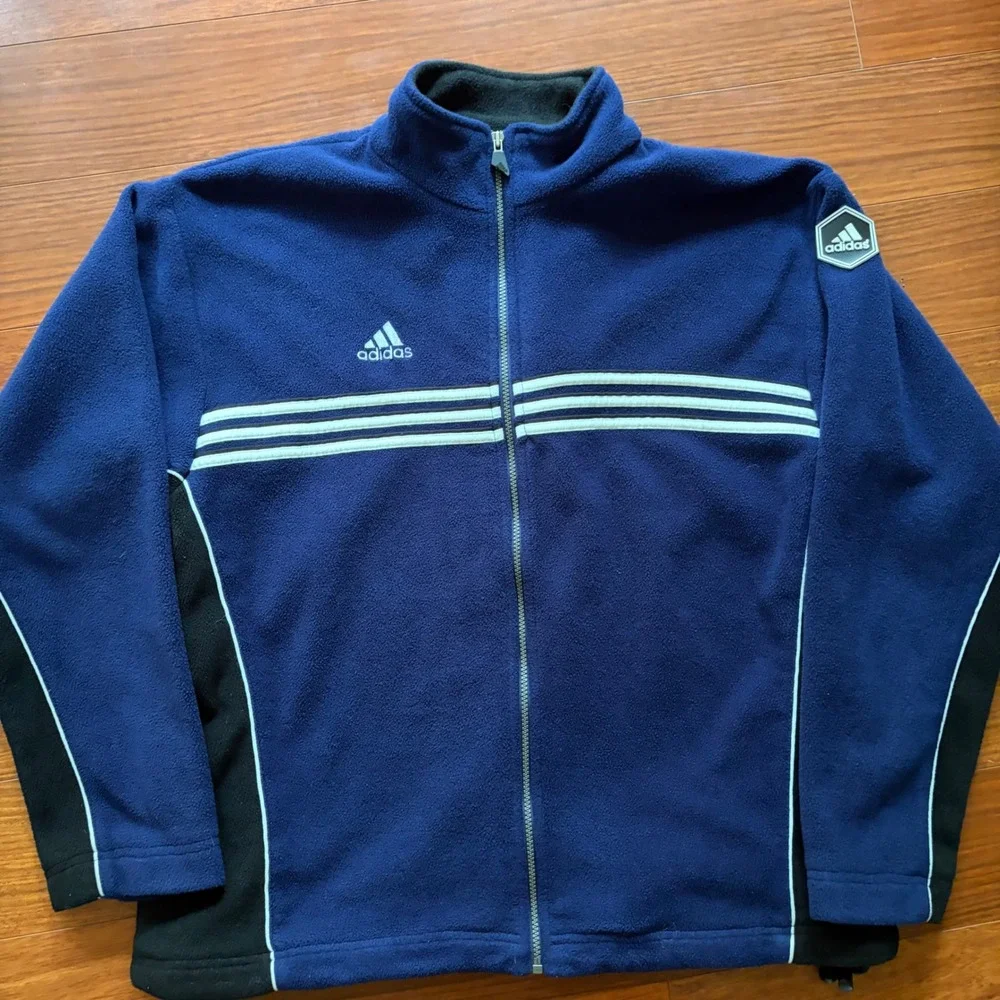 Adidas Mens Soccer Full Zip Fleece Jacket Size L Navy Blue 3-Stripe Vintage